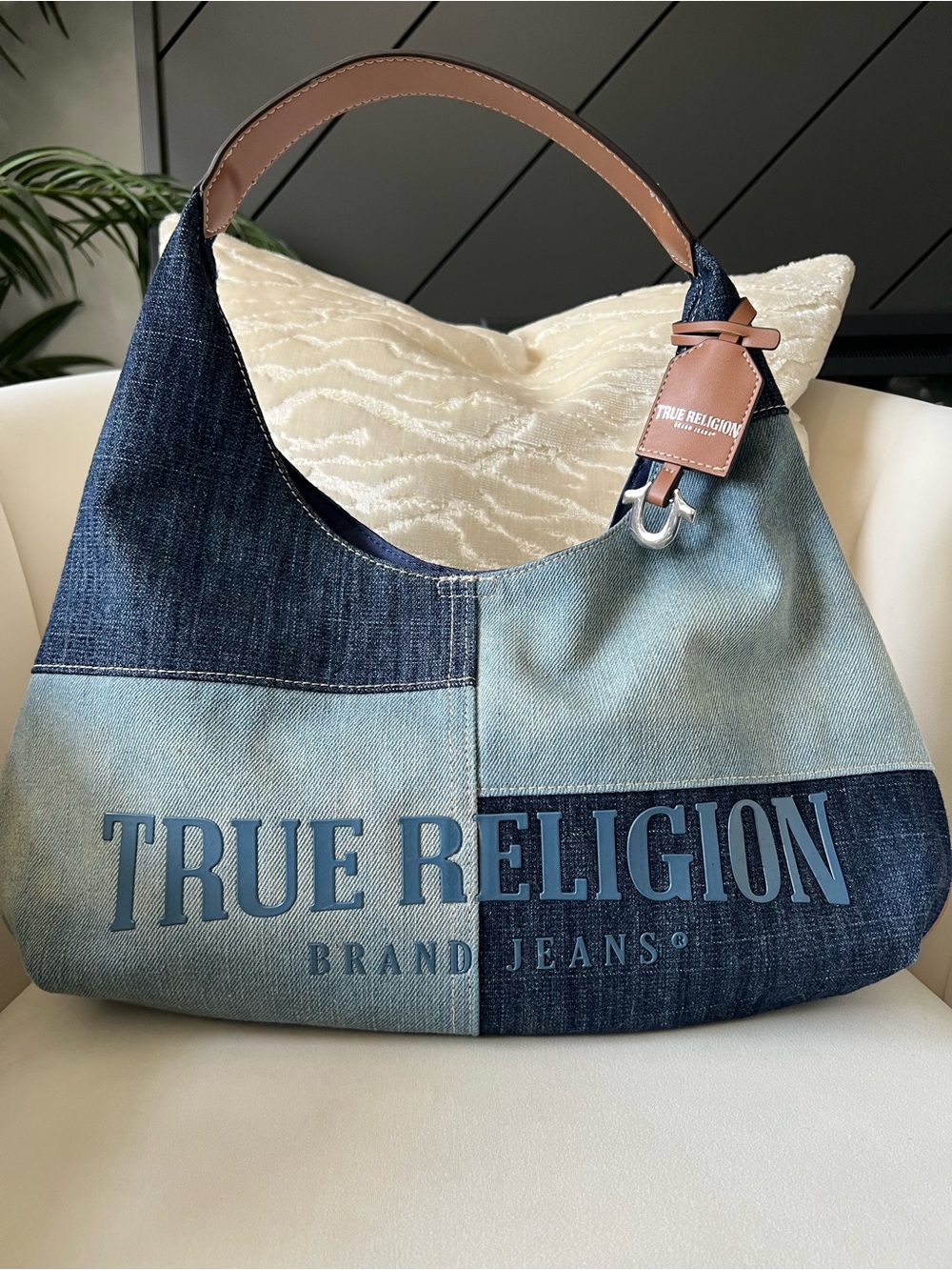 True Religion Two-Tone Denim Patchwork Shoulder Bag